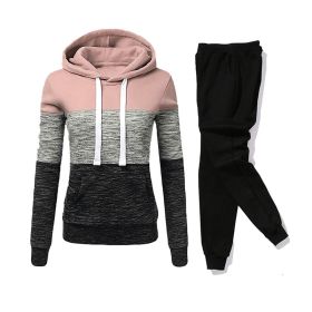 Women Tracksuit 2 Pieces Set Winter Hoodies+Pants Set Patchwork Pullover Sweatshirt Female Sport Suit Outfits for Woman Clothing (Color: Pink, size: S)