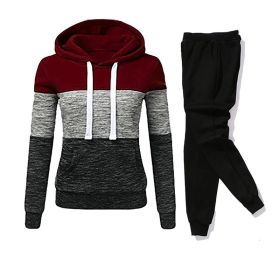 Women Tracksuit 2 Pieces Set Winter Hoodies+Pants Set Patchwork Pullover Sweatshirt Female Sport Suit Outfits for Woman Clothing (Color: Burgundy, size: XXXXXL)