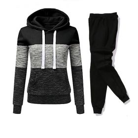 Women Tracksuit 2 Pieces Set Winter Hoodies+Pants Set Patchwork Pullover Sweatshirt Female Sport Suit Outfits for Woman Clothing (Color: Black, size: XXL)