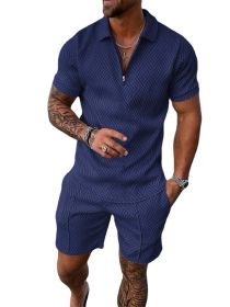 Mens Short Sleeve Casual Polo Shirt and Shorts Sets Two Piece Summer Outfits Zip Polo Tracksuit Set for Men S-XXL (Color: Blue, size: S)