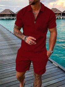 Mens Short Sleeve Casual Polo Shirt and Shorts Sets Two Piece Summer Outfits Zip Polo Tracksuit Set for Men S-XXL (Color: Red, size: XXL)